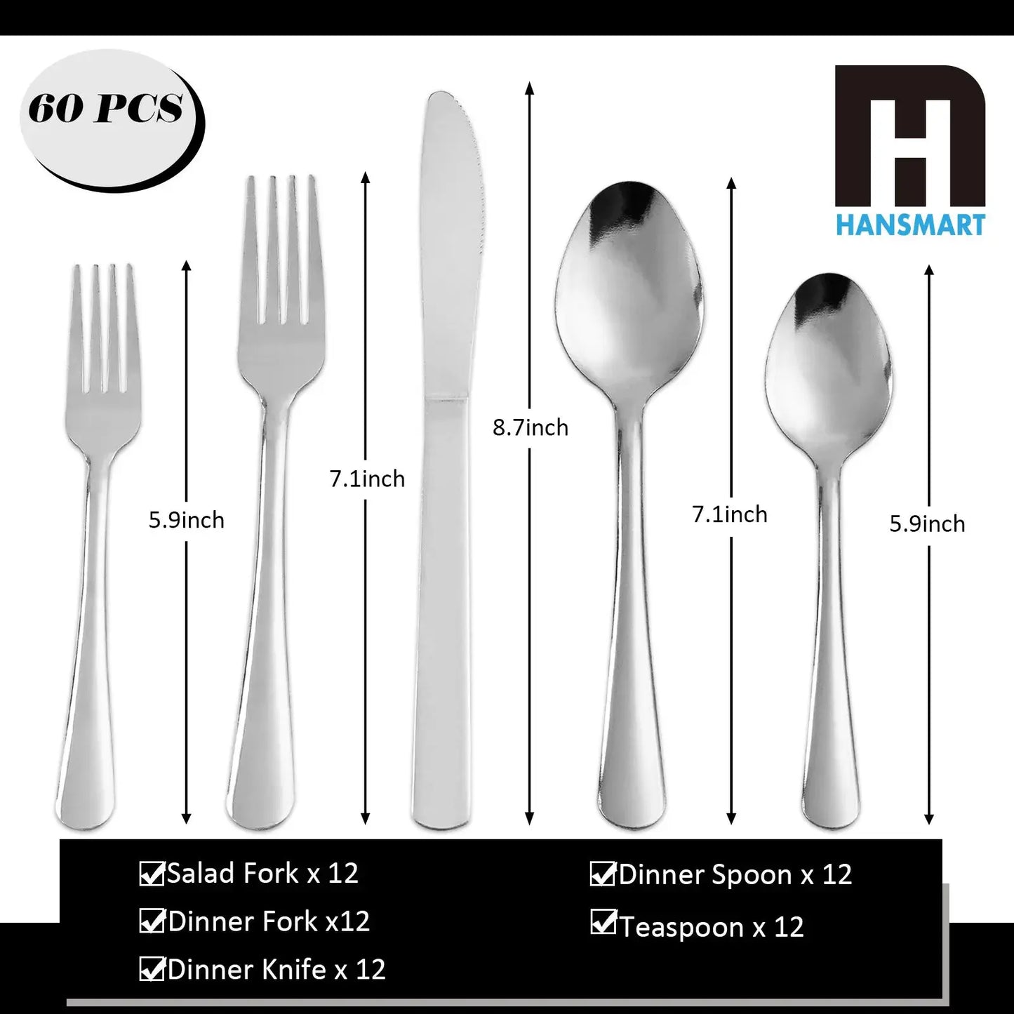 HANSMART 60Pcs Stainless Steel Flatware Set For 12 With Dinner Forks Salad Forks Spoons and Knives Dishwasher Safe from PriceLows™
