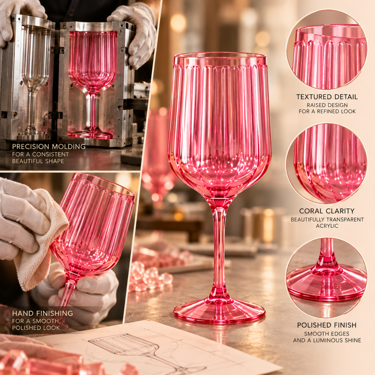 Acrylic Goblets Coral Stemmed Wine Glasses 14 Oz Durable
