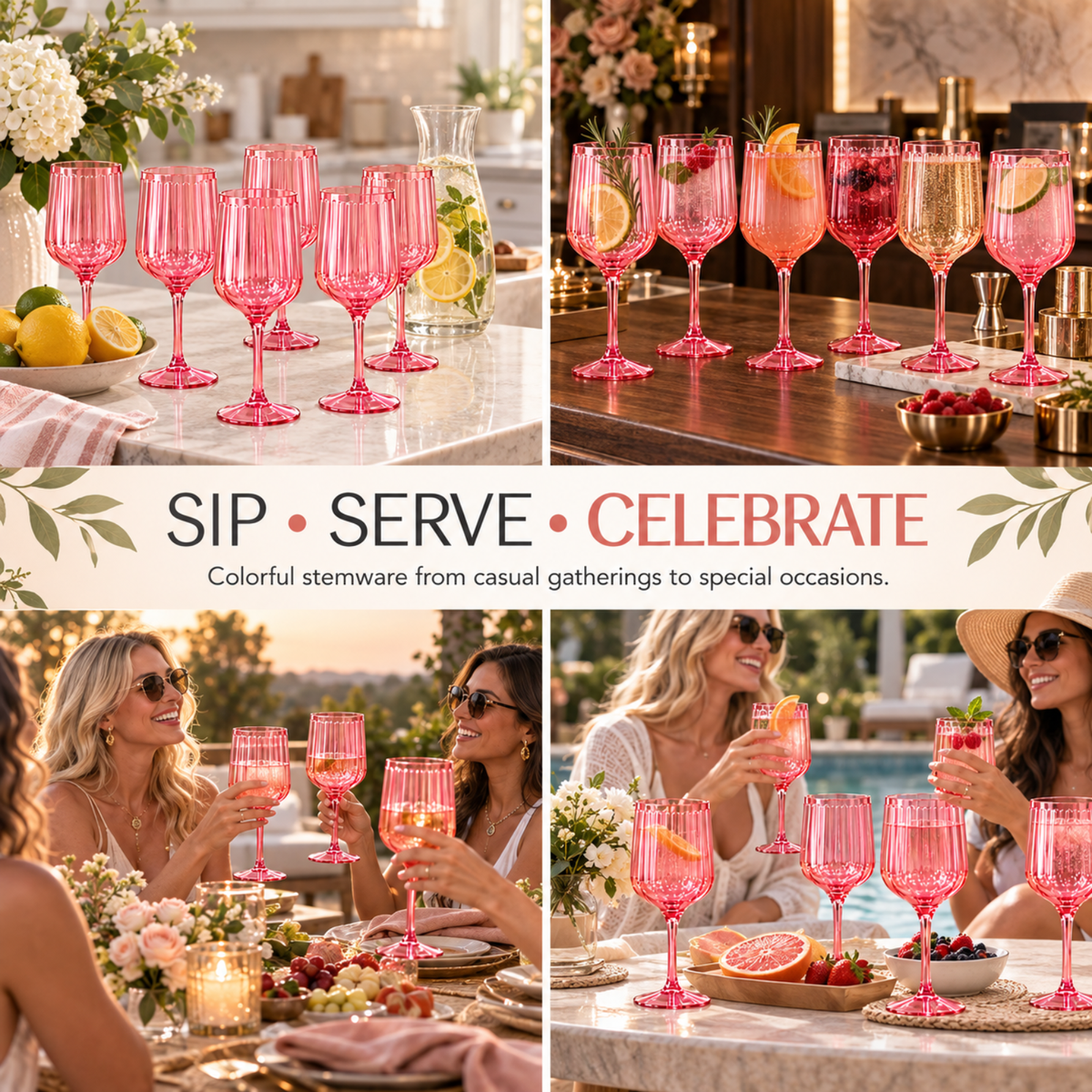 Acrylic Goblets Coral Stemmed Wine Glasses 14 Oz Durable