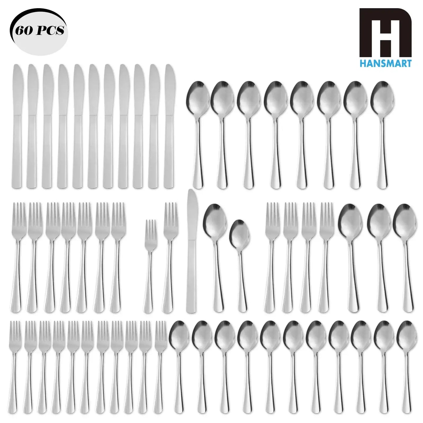 HANSMART 60Pcs Stainless Steel Flatware Set For 12 With Dinner Forks Salad Forks Spoons and Knives Dishwasher Safe from PriceLows™