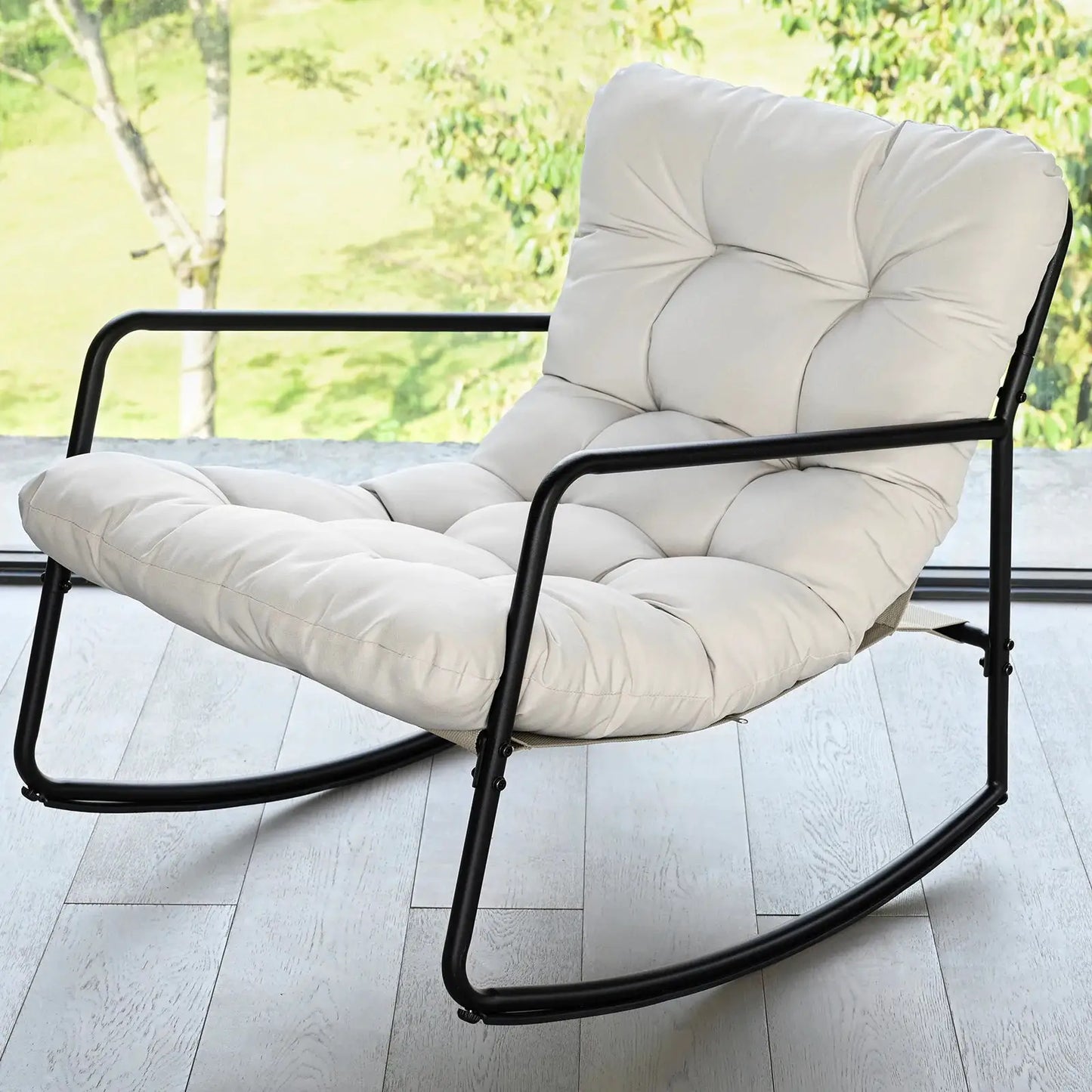 SEEHILL Outdoor Rocking Chair, Metal Patio Rocking Chair, Indoor Rocking Chair with Cushion, Papasan Rocking Lounge Chair, Comfy Modern Rocker Chair for Porch, Living Room, Garden, Backyard, Off-White from PriceLows™
