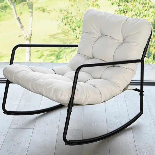 SEEHILL Outdoor Rocking Chair, Metal Patio Rocking Chair, Indoor Rocking Chair with Cushion, Papasan Rocking Lounge Chair, Comfy Modern Rocker Chair for Porch, Living Room, Garden, Backyard, Off-White from PriceLows™