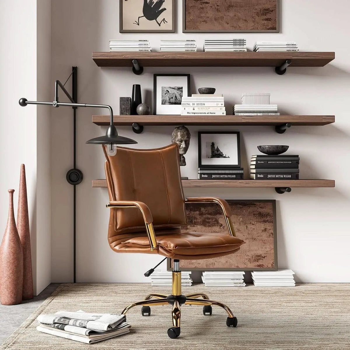 Adjustable Faux Leather Desk Chair With Golden Legs Camel from PriceLows™