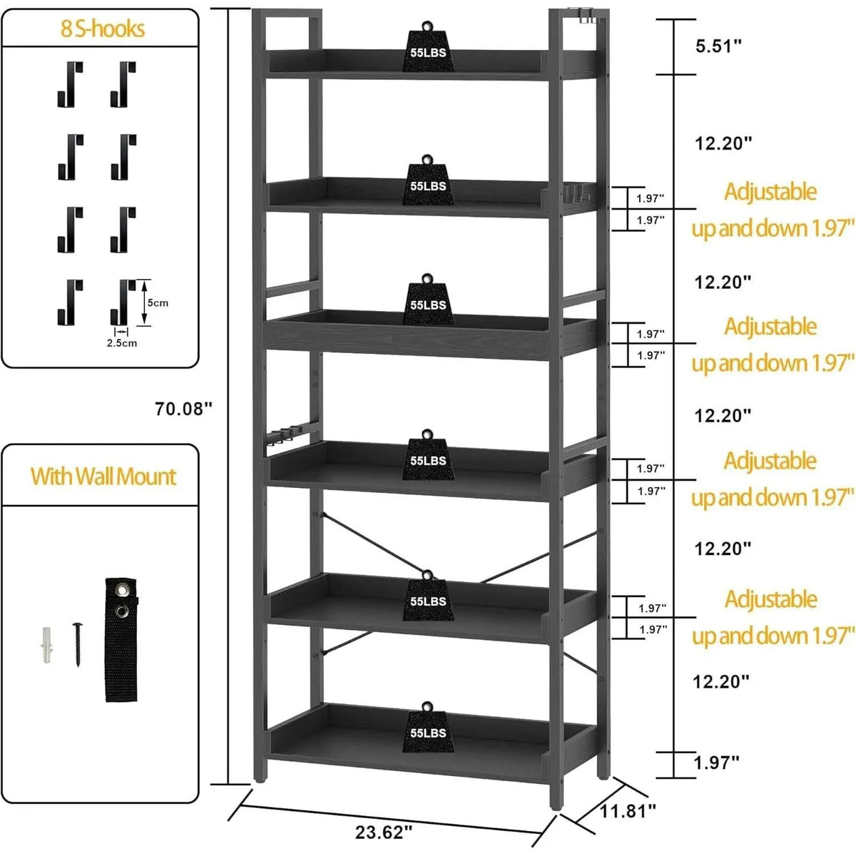 Adjustable Industrial Bookshelf 70 Inch, Black Metal