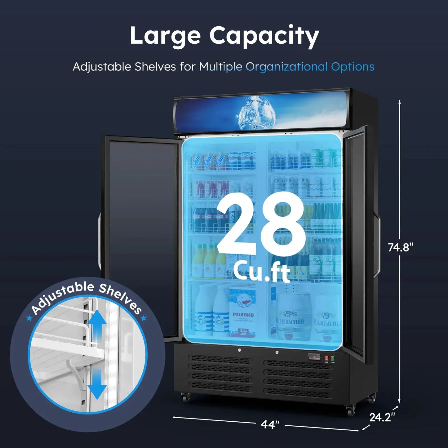 28 Cu Ft Commercial Beverage Refrigerators Merchandiser Display Fridge Built-in LED Light & Front LED Light Double Glass Door from PriceLows™