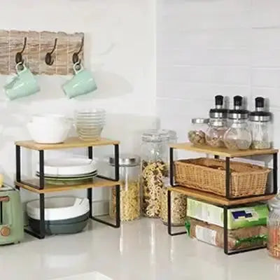 4 Pack Cabinet Organizer Shelf, Kitchen Counter Shelves, Kitchen Storage, Spice Rack, Stackable, Expandable, Metal And Engineered Wood, Ink Black And Natural Beige from PriceLows™