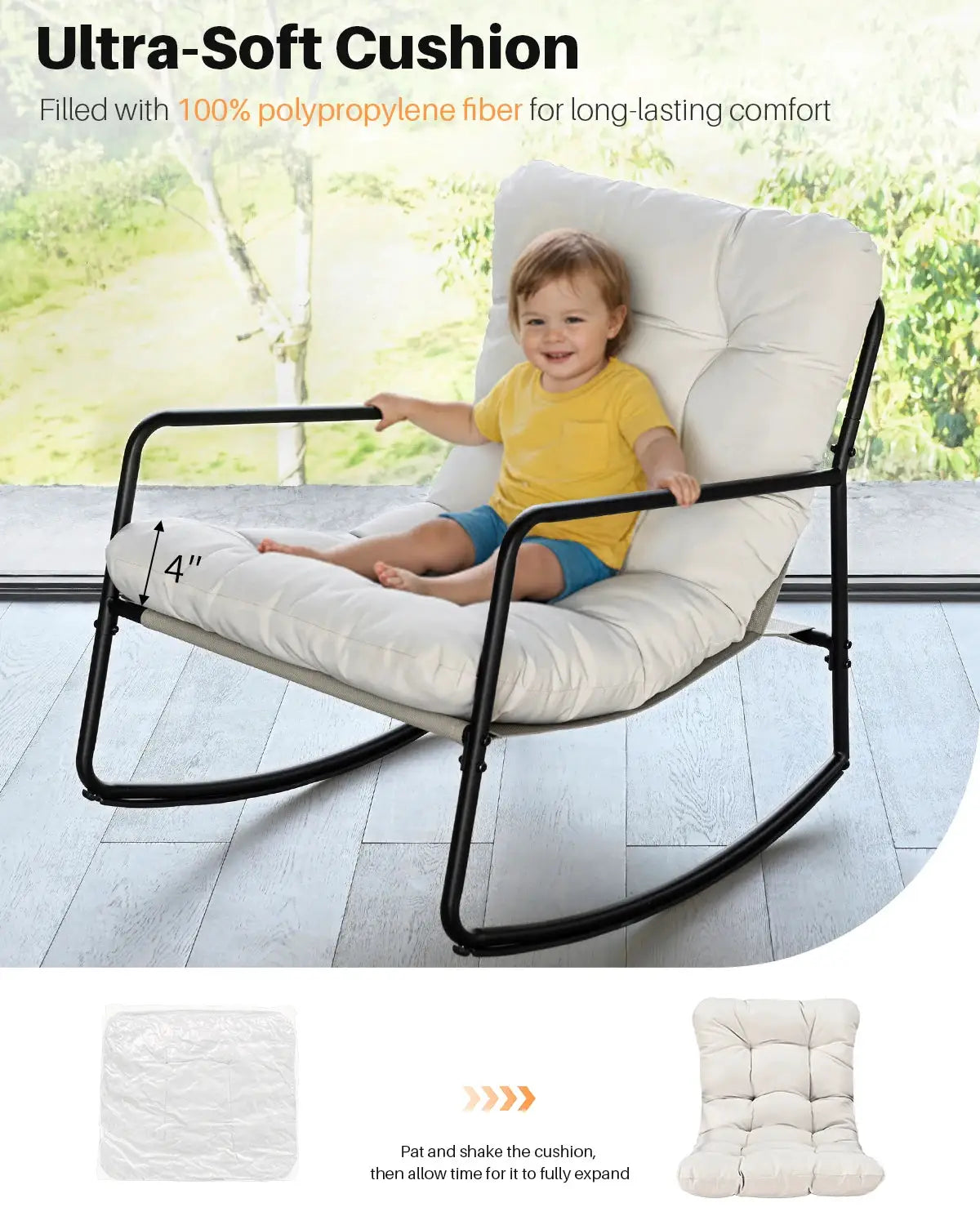 SEEHILL Outdoor Rocking Chair, Metal Patio Rocking Chair, Indoor Rocking Chair with Cushion, Papasan Rocking Lounge Chair, Comfy Modern Rocker Chair for Porch, Living Room, Garden, Backyard, Off-White from PriceLows™