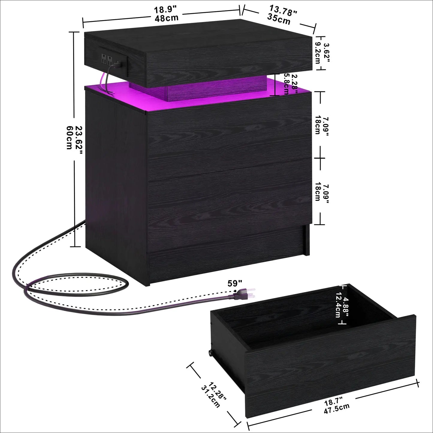 LIKIMIO Night Stand with Charging Station, Modern Nightstand with LED Light and Drawers, Bedside Tables/End Table for Bedroom from PriceLows™