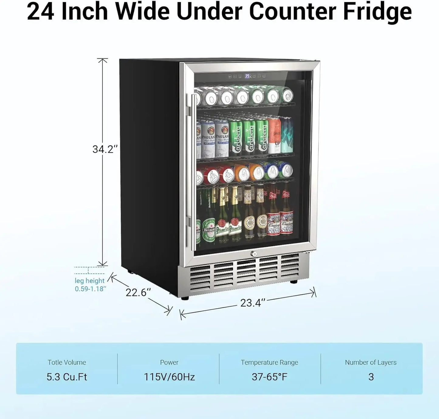 24 Inch Beverage Refrigerator 190 Cans Built-in/Freestanding Beverage Cooler Digital Memory Under Counter Beer Fridge Glass Door from PriceLows™