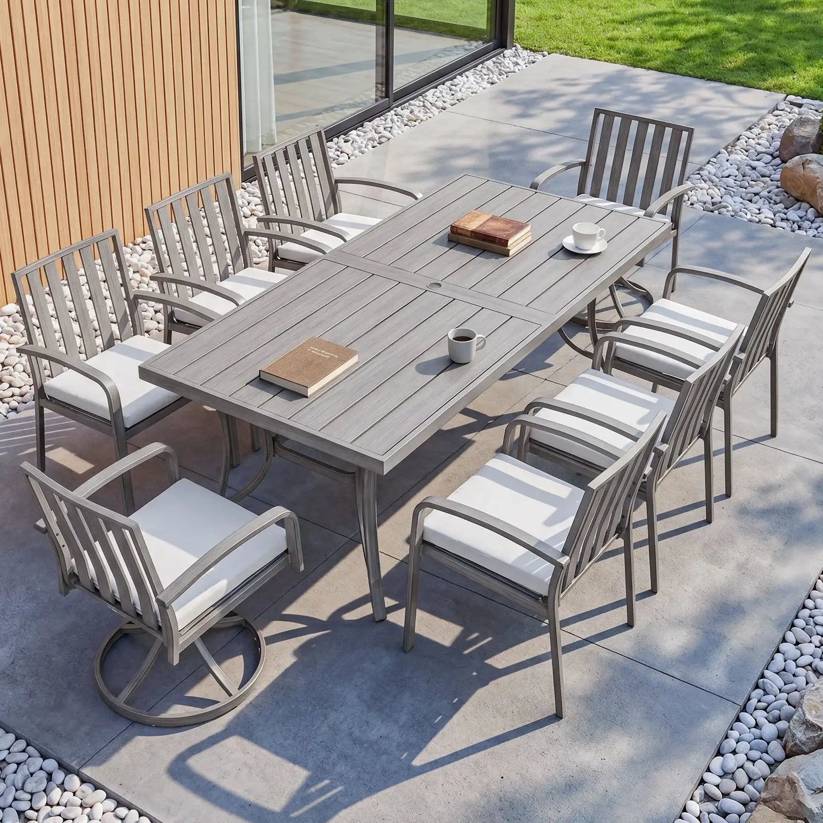 SeeHill 9-Piece Patio Dining Set, Aluminum Table with 6 Chairs and 2 Swivel Chairs, Umbrella Hole, Deck, Garden, Limed Oak from PriceLows™