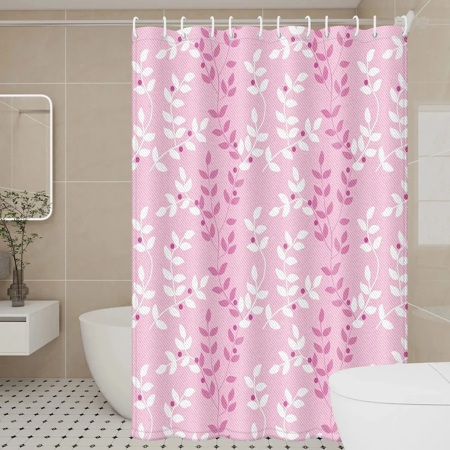 Pastel Pink Foliage Shower Curtain - Feminine Durable Fabric for Fresh Vibes from PriceLows™