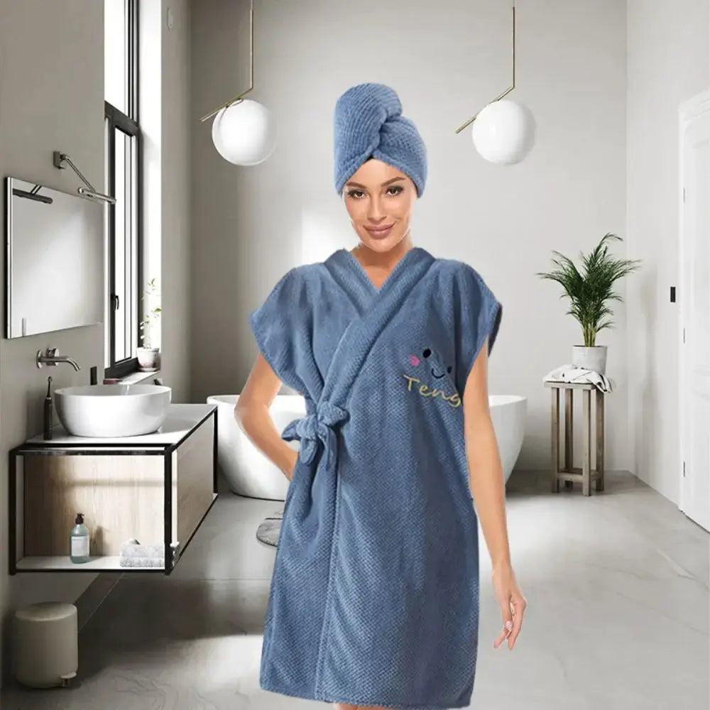 Womens Wrap Bathrobe | Microfiber | Adjustable Closure | Hair Towel Set