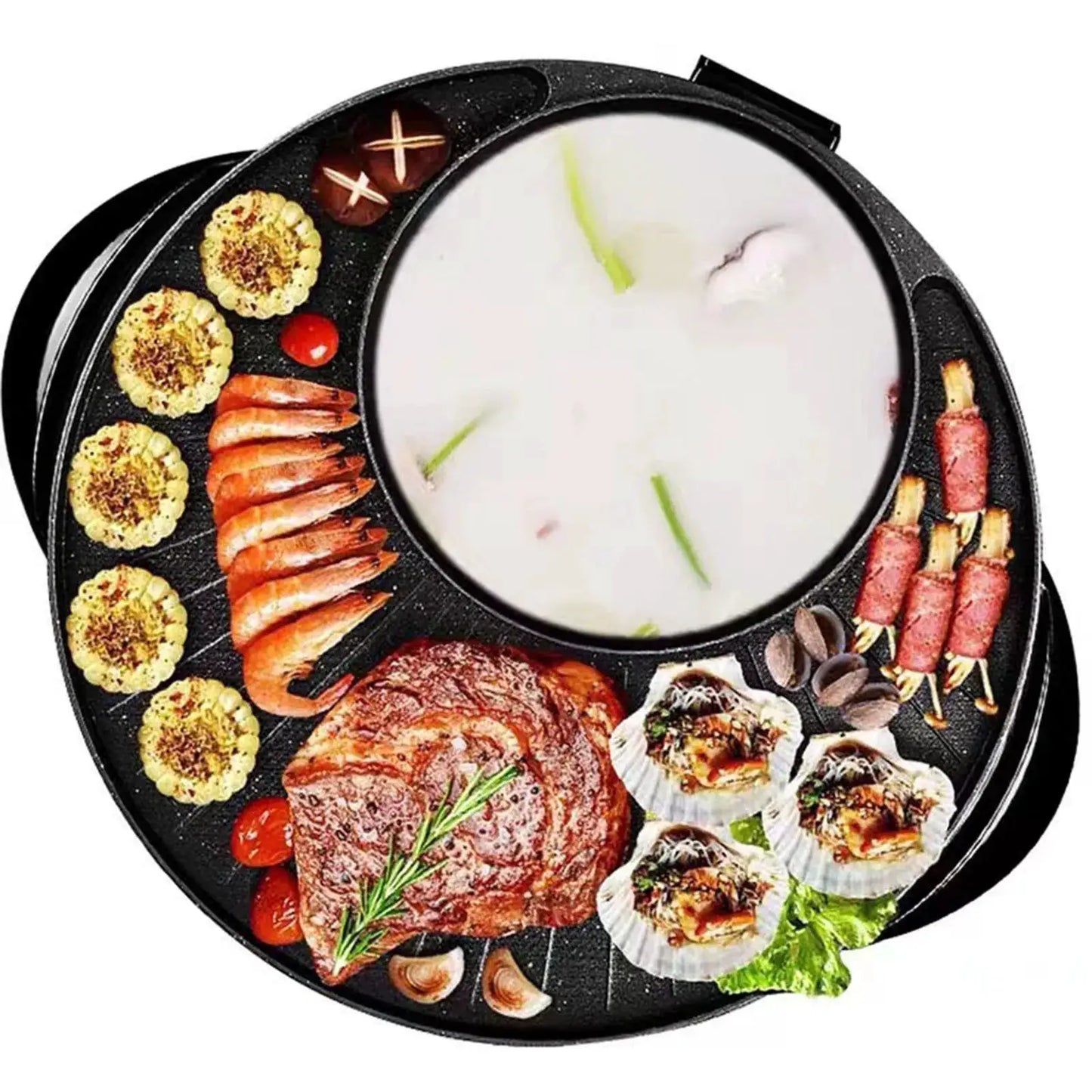 Electric Grill | 2 In 1 Grill With Hot Pot | Nonstick Surface | Portable Round