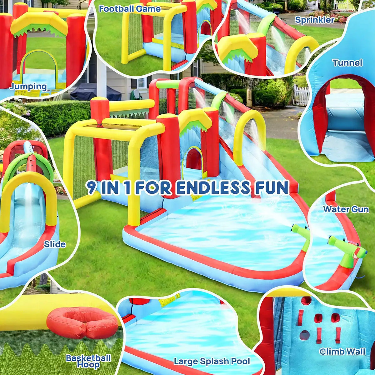 7in1 Inflatable Water Slide Park Bounce House Outdoor Backyard Splash Pool Climbing Wall Basketball Soccer Water Gun Kids Party from PriceLows™