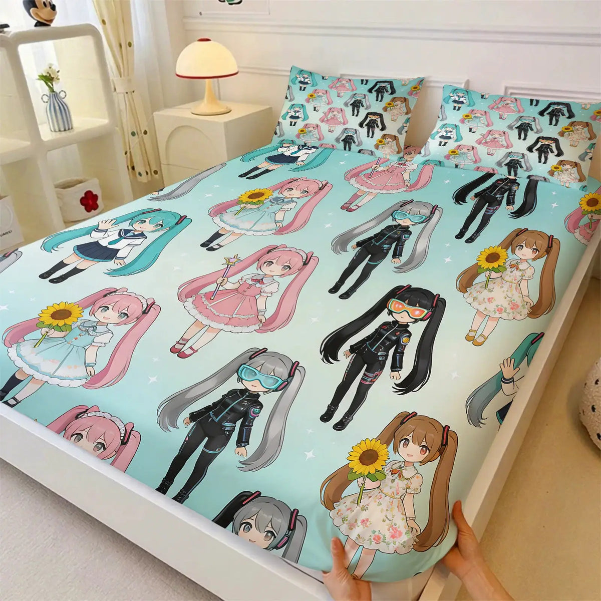 3Pcs Hatsune Miku Japanese Ink Wash Fitted Sheet Set Zen Style Anime Bed Cover with Pillowcases Teens Room Fans Room Decor Gift from PriceLows™