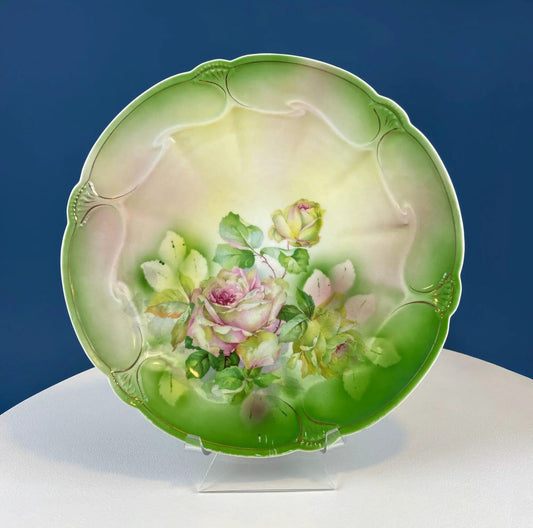 Antique 12" Serving or Decorative Plate | Hand Painted Pink Roses | Dining Room Wall Decor or Collectible Display | Collectors & Hosts