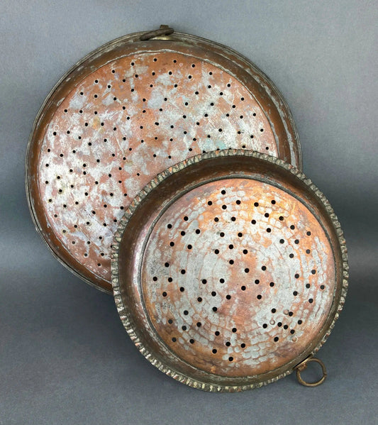 Antique Extra Large Sieves | Rustic Hand Hammered Home Decoration | Set of Two, Large, Primitive Hand Pounded Strainers | Collectors & Hosts