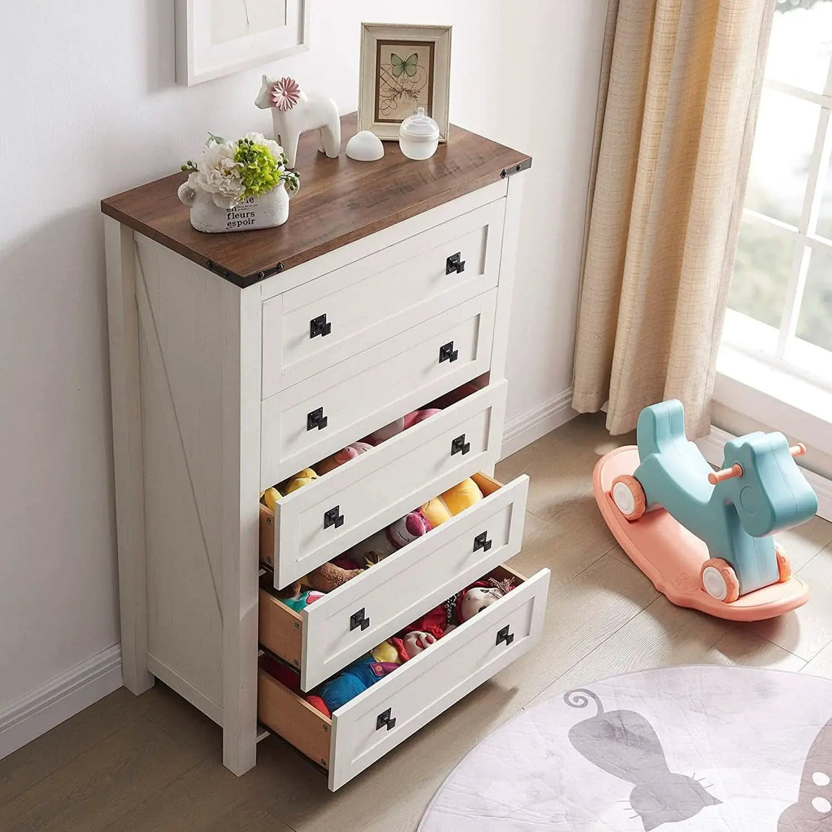 Antique White Rustic 5 Drawer Dresser For Bedroom Storage from PriceLows™