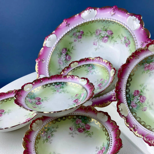 Antique Austrian Hand Painted Porcelain Serving Bowl with Matching Salad Dessert Bowls | Rose Motif Ornate Scalloped Edge | Dining Room Decor | Collectors & Hosts