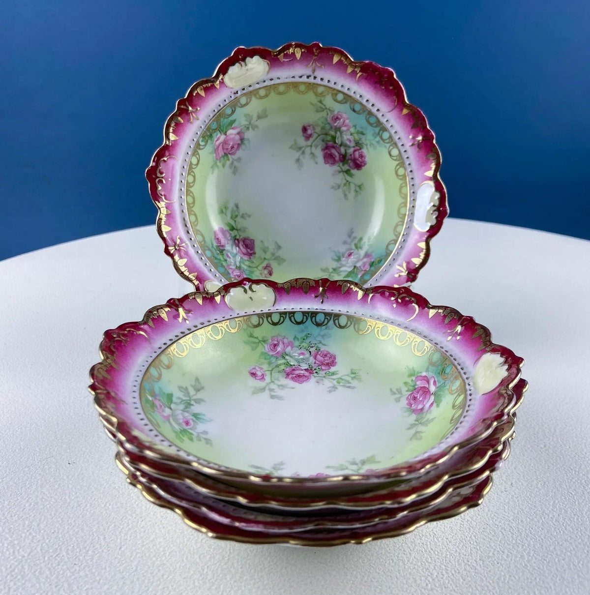 Antique Austrian Hand Painted Porcelain Serving Bowl with Matching Salad Dessert Bowls | Rose Motif Ornate Scalloped Edge | Dining Room Decor | Collectors & Hosts