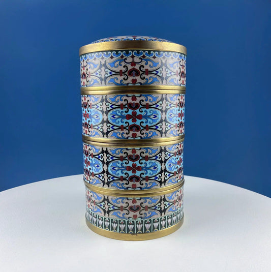 Antique Chinese Cloisonne Stackable Boxes | Set of 4 Bowls | Brass Trims | Collectors & Hosts