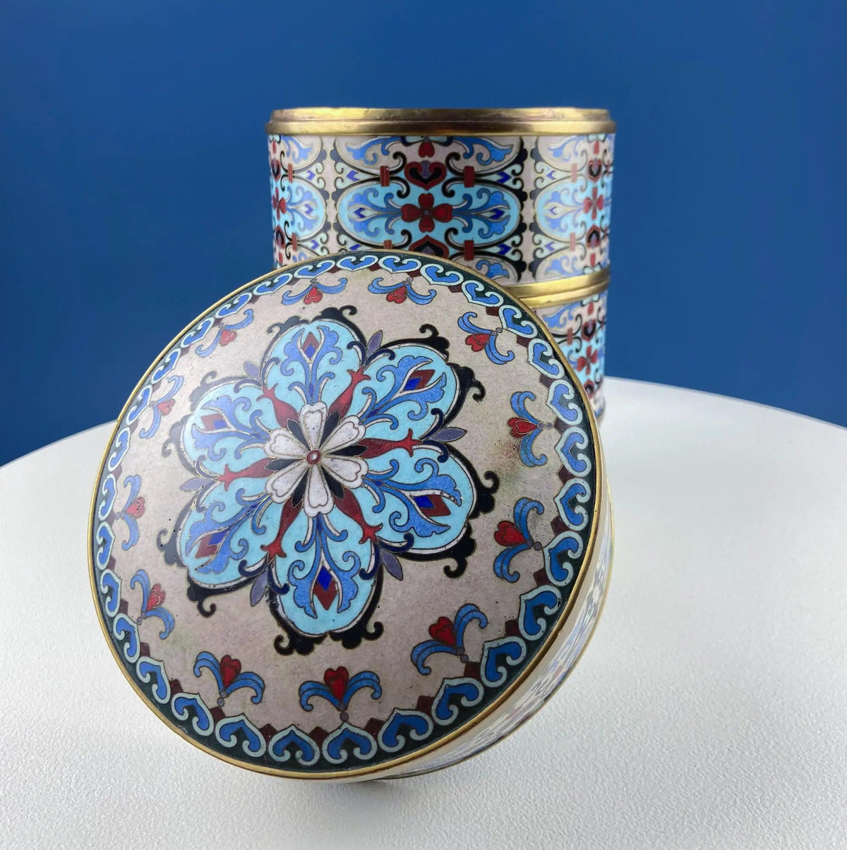 Antique Chinese Cloisonne Stackable Boxes | Set of 4 Bowls | Brass Trims | Collectors & Hosts