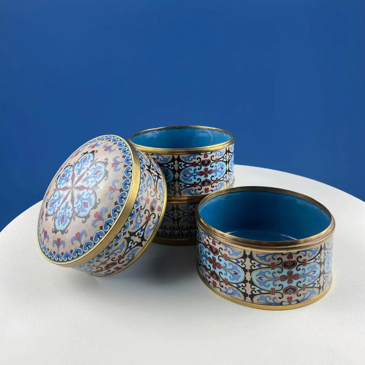 Antique Chinese Cloisonne Stackable Boxes | Set of 4 Bowls | Brass Trims | Collectors & Hosts