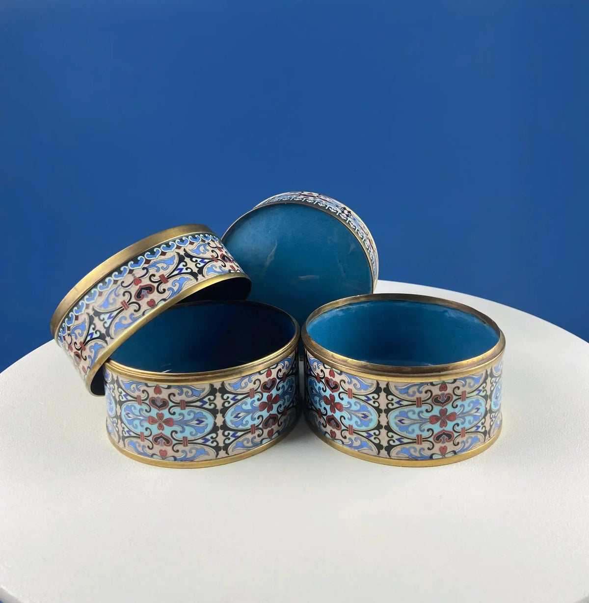 Antique Chinese Cloisonne Stackable Boxes | Set of 4 Bowls | Brass Trims | Collectors & Hosts
