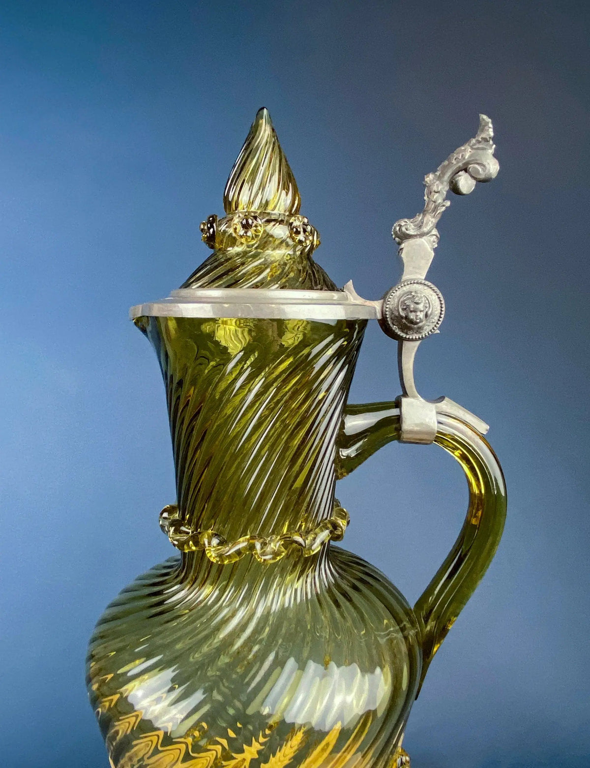 Hand Blown Glass Pitcher | 18 Inch Height | Pewter Accents