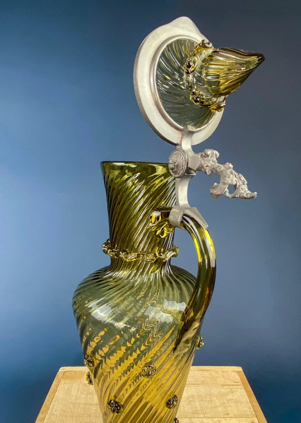 Hand Blown Glass Pitcher | 18 Inch Height | Pewter Accents