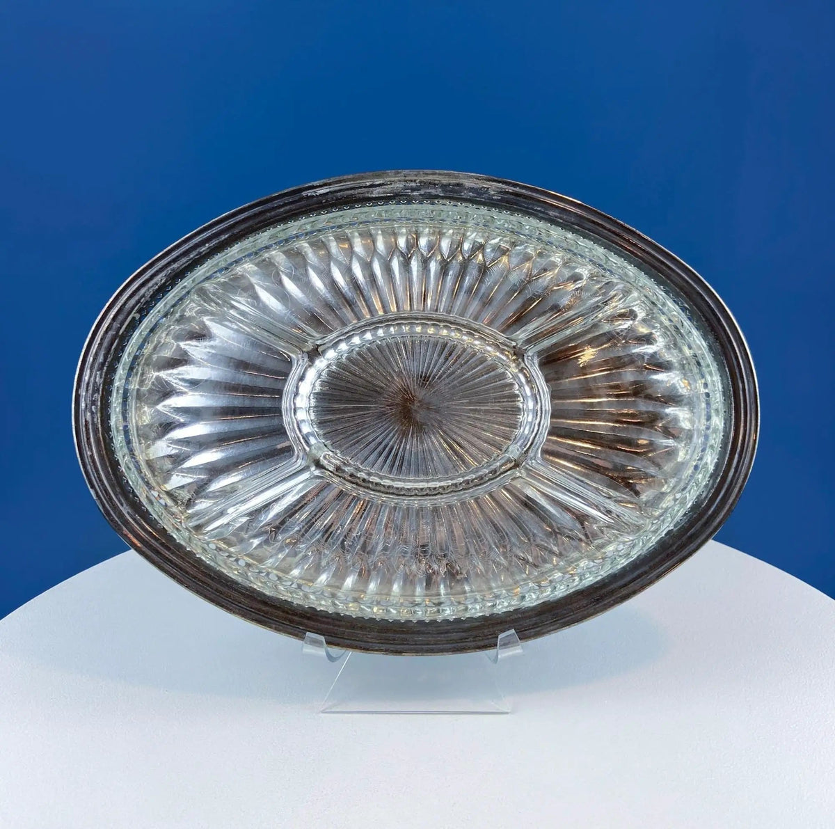 Antique Oval Silver & Glass Serving Platter | Godinger Silver Art | Fluted Glass with Etched Reticulated Silver Tray | Collectors & Hosts
