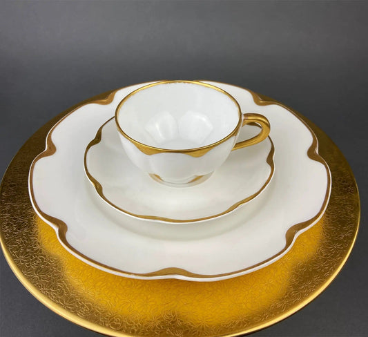 Antique Limoges Porcelain Tea Set/Trio | Tea Cup, Saucer and Salad Plate | White China with Scalloped Gold Rim, Theodore Haviland, France | Collectors & Hosts