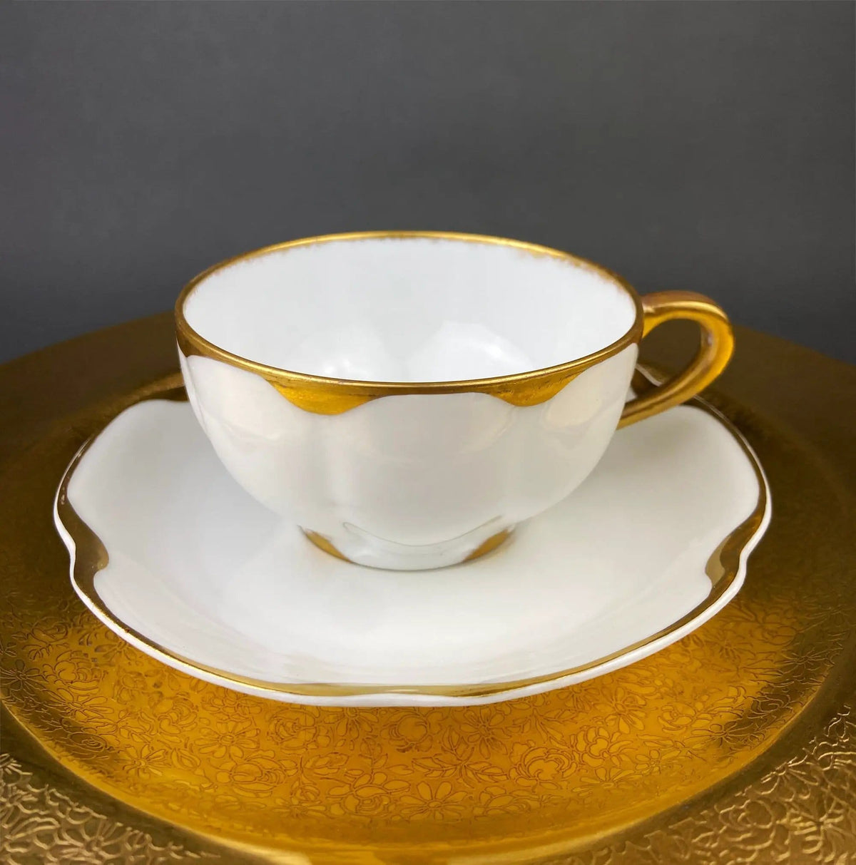 Antique Limoges Porcelain Tea Set/Trio | Tea Cup, Saucer and Salad Plate | White China with Scalloped Gold Rim, Theodore Haviland, France | Collectors & Hosts
