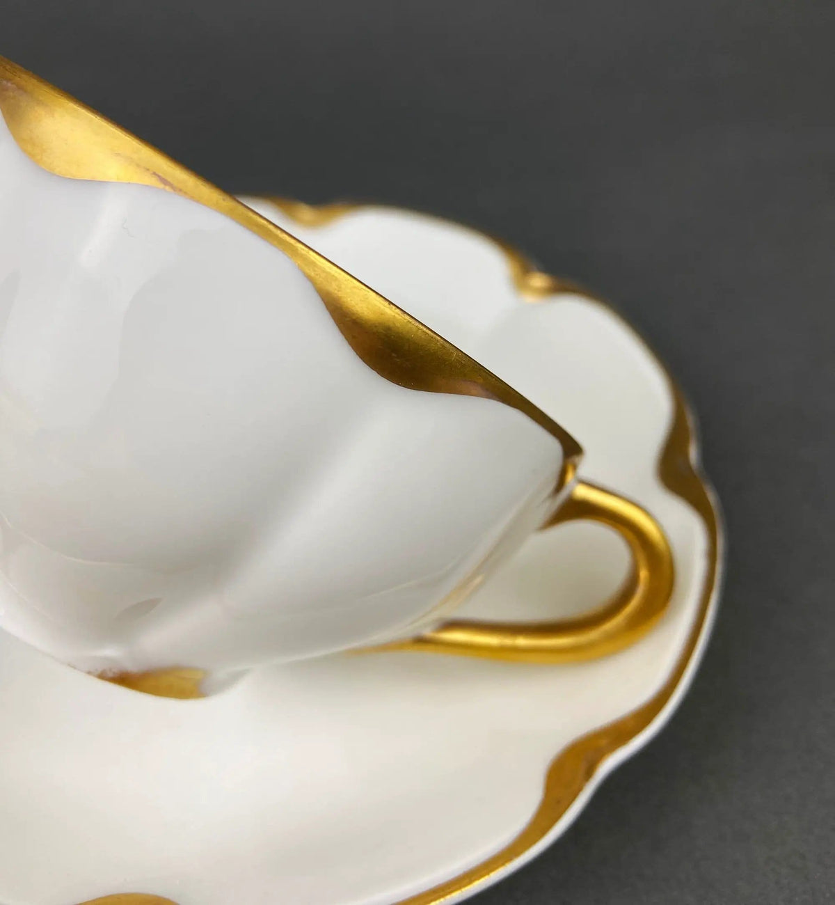 Antique Limoges Porcelain Tea Set/Trio | Tea Cup, Saucer and Salad Plate | White China with Scalloped Gold Rim, Theodore Haviland, France | Collectors & Hosts