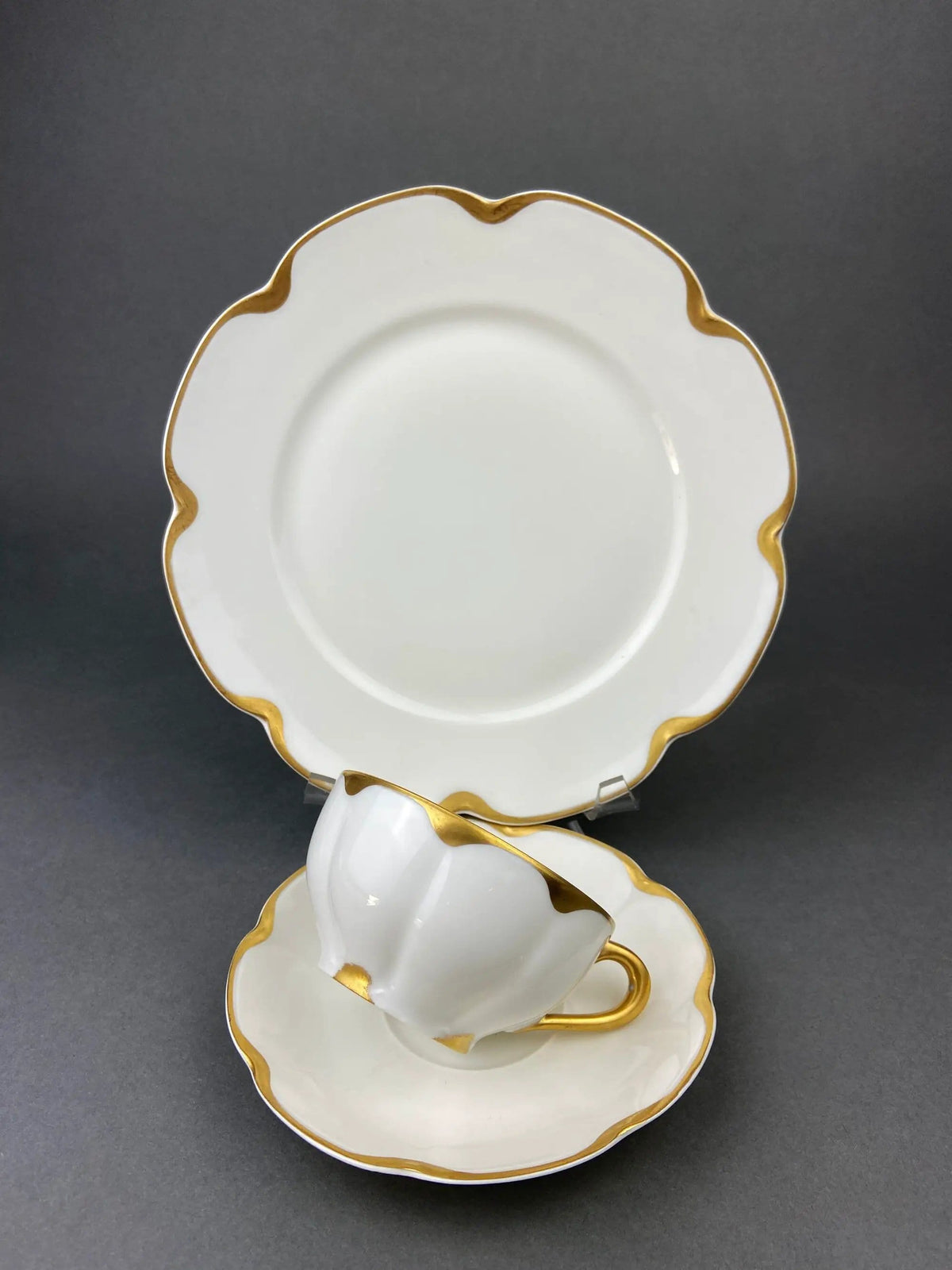 Antique Limoges Porcelain Tea Set/Trio | Tea Cup, Saucer and Salad Plate | White China with Scalloped Gold Rim, Theodore Haviland, France | Collectors & Hosts