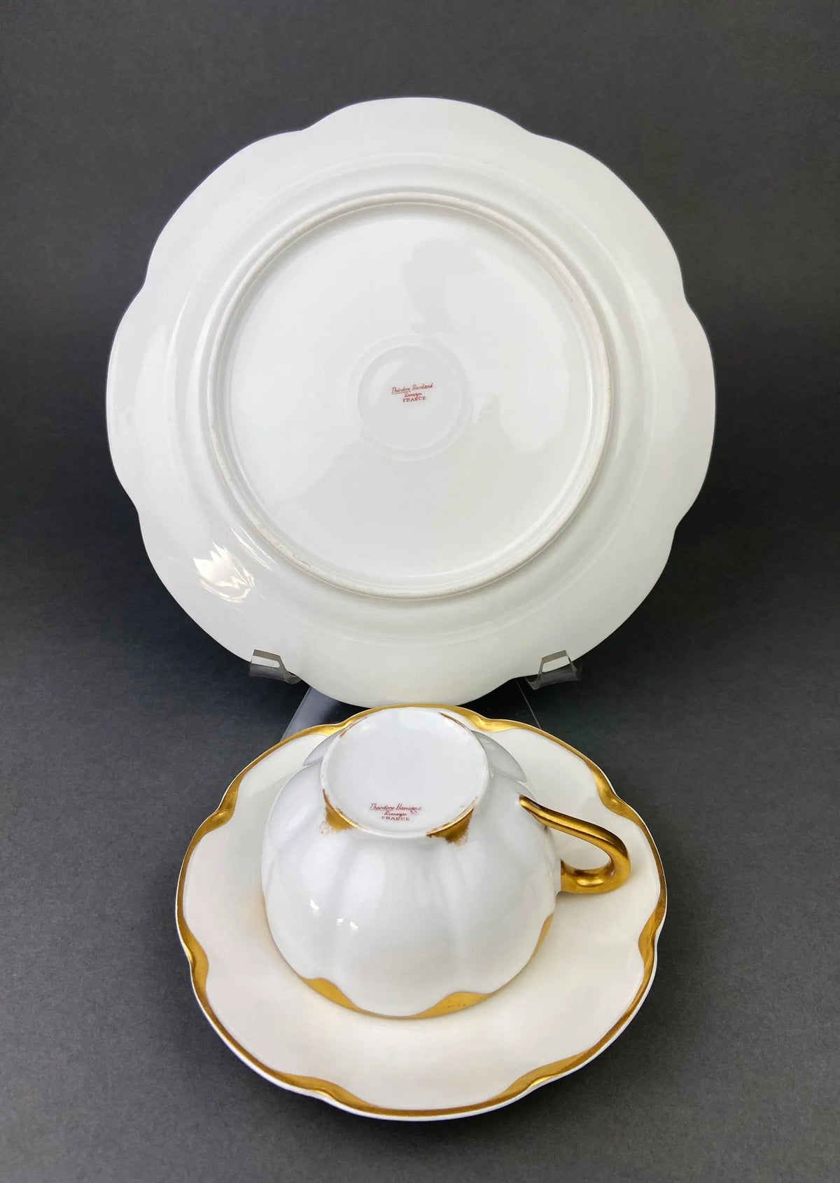Antique Limoges Porcelain Tea Set/Trio | Tea Cup, Saucer and Salad Plate | White China with Scalloped Gold Rim, Theodore Haviland, France | Collectors & Hosts