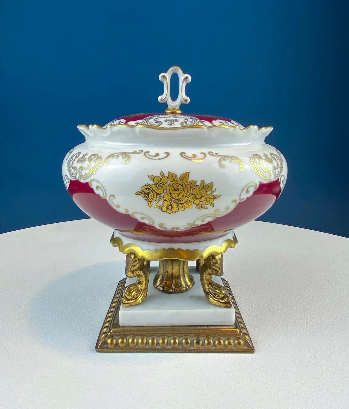 Antique Porcelain Burgundy & Gold Footed Bowl with Marble Base | Hand Painted Roses Storage Dish with Dolphin Feet | Ornate Marble Base | Collectors & Hosts
