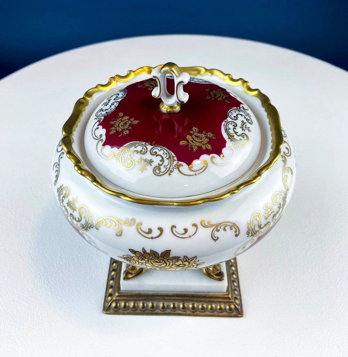 Antique Porcelain Burgundy & Gold Footed Bowl with Marble Base | Hand Painted Roses Storage Dish with Dolphin Feet | Ornate Marble Base | Collectors & Hosts
