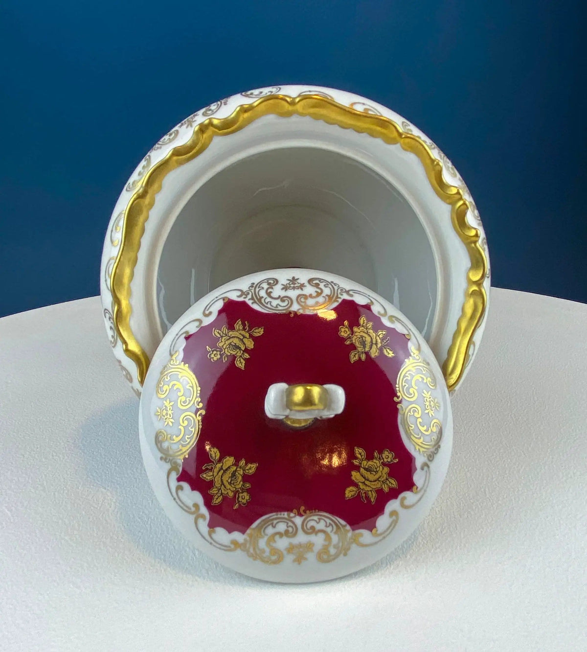 Antique Porcelain Burgundy & Gold Footed Bowl with Marble Base | Hand Painted Roses Storage Dish with Dolphin Feet | Ornate Marble Base | Collectors & Hosts