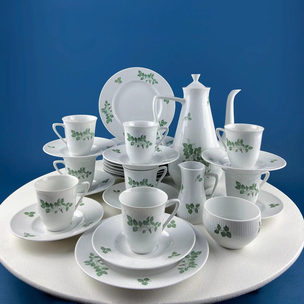 Rorstrand Rodos Espresso Dessert Modern Dish Set | 1900's Swedish Coffee Breakfast Set for 11 | Leaf Motif | Collectors & Hosts