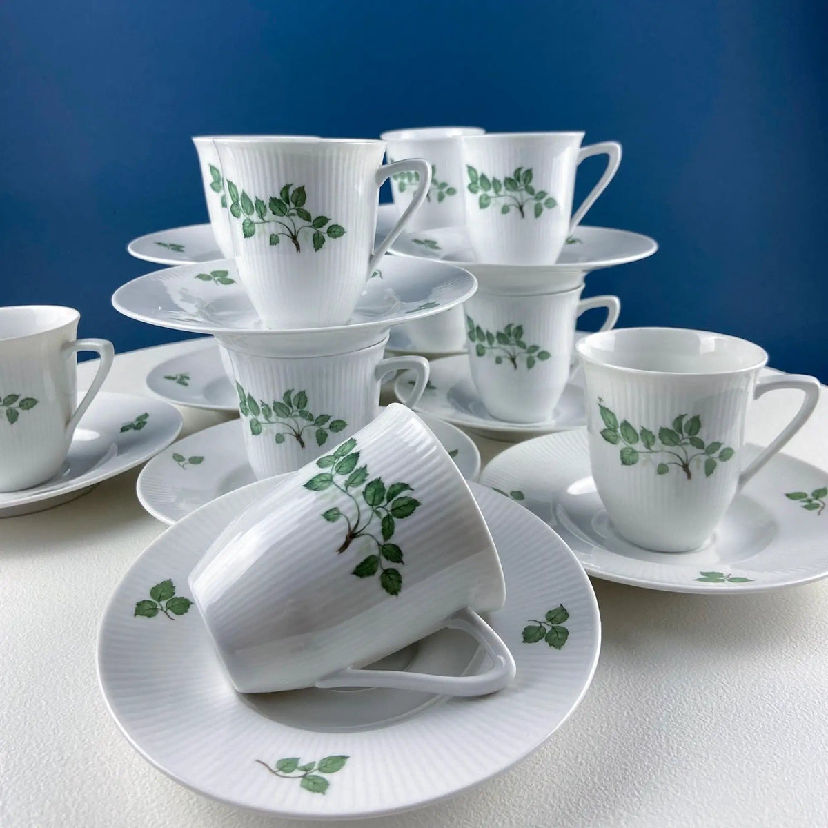 Rorstrand Rodos Espresso Dessert Modern Dish Set | 1900's Swedish Coffee Breakfast Set for 11 | Leaf Motif | Collectors & Hosts