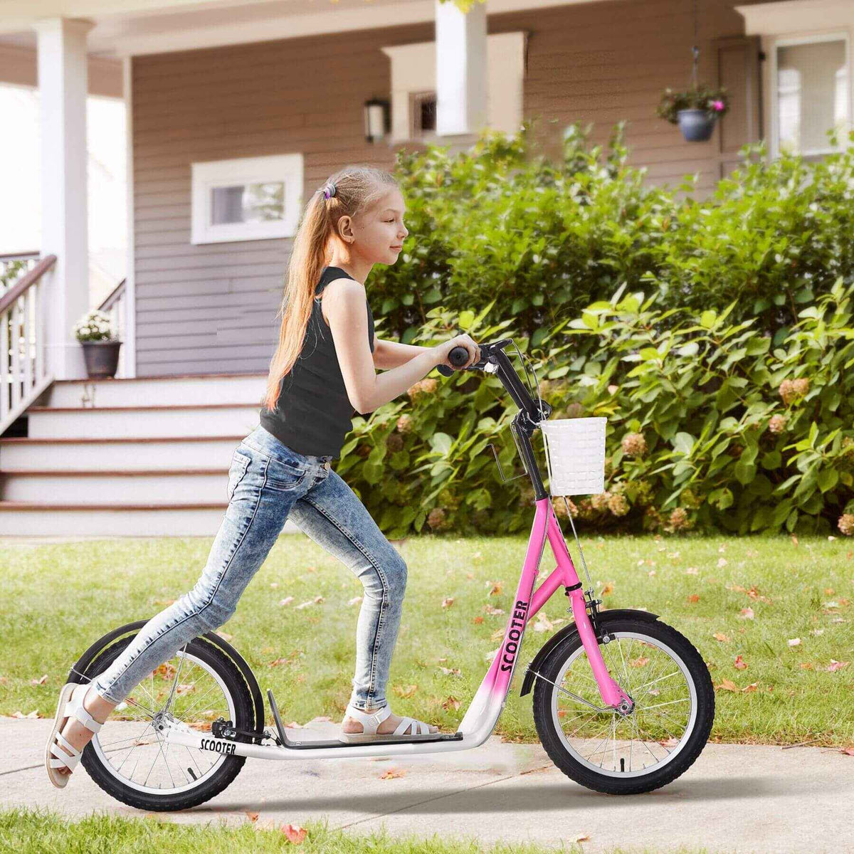 Youth Kick Scooter | Adjustable Handlebars | Front Basket | Pink