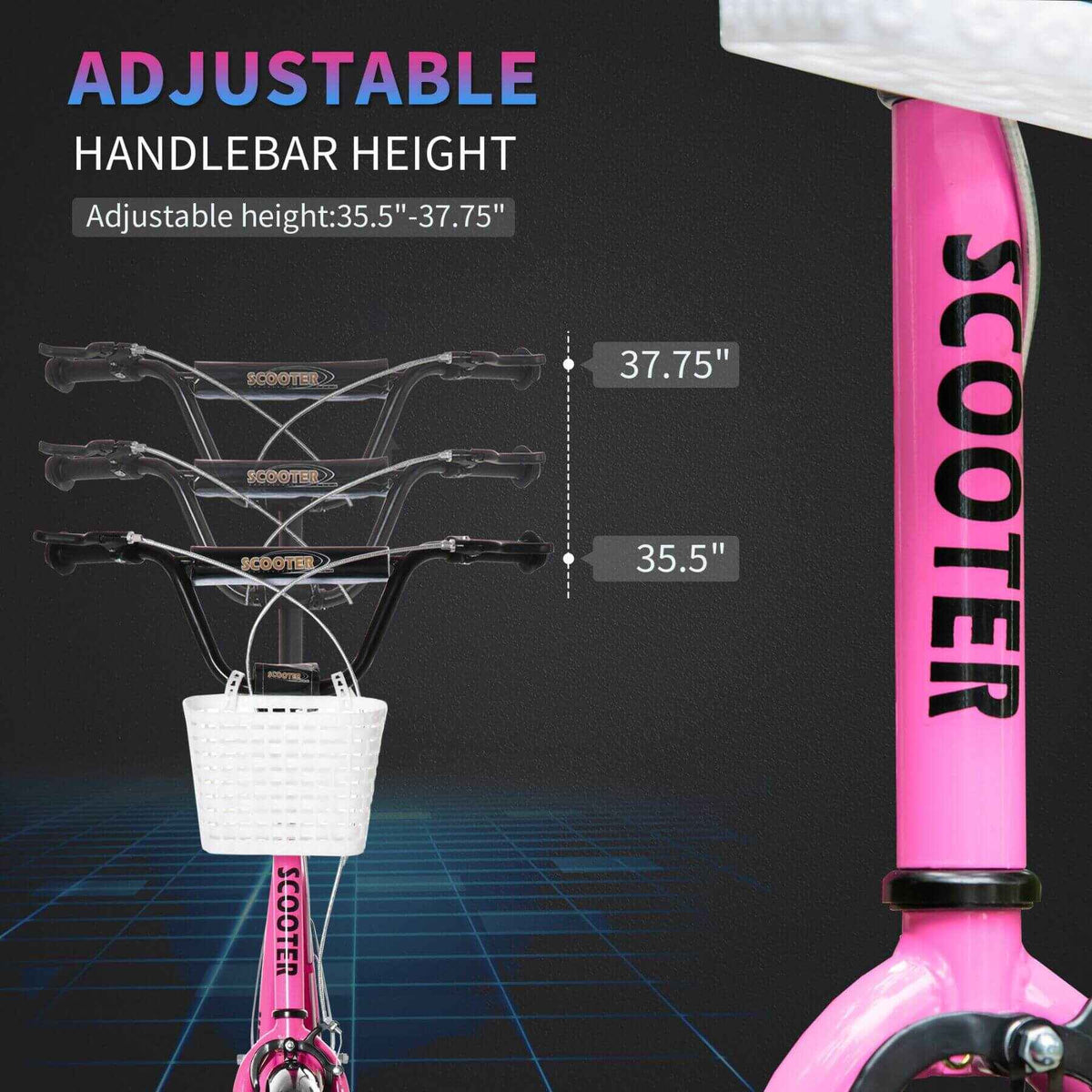 Youth Kick Scooter | Adjustable Handlebars | Front Basket | Pink