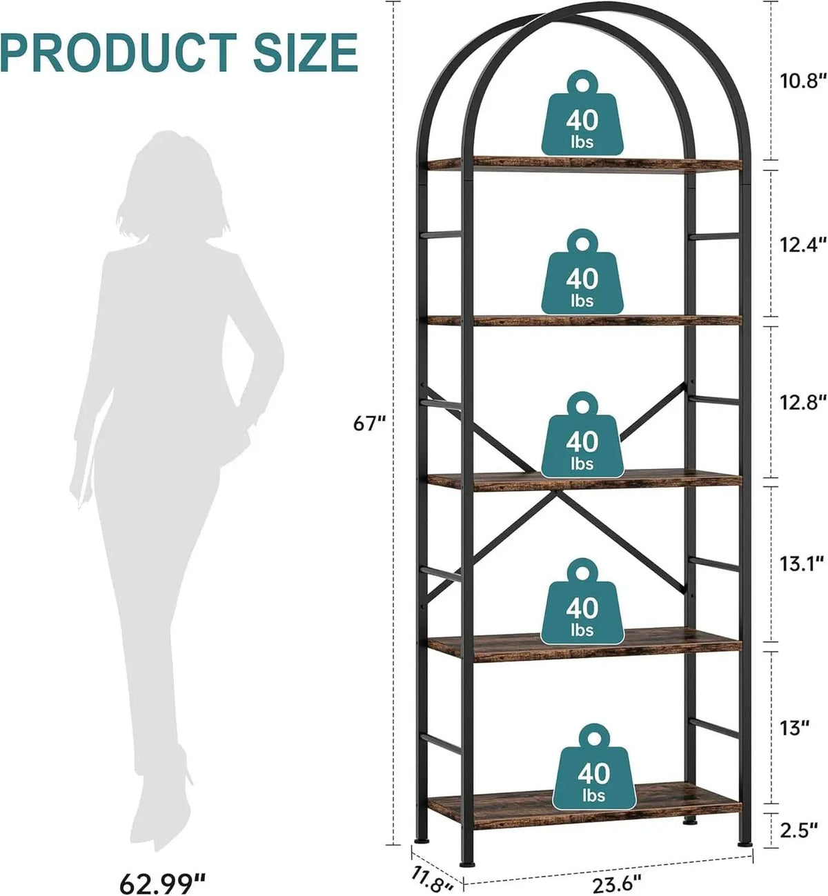 Arched Five Tier Bookshelf Rustic Brown Storage Unit from PriceLows™