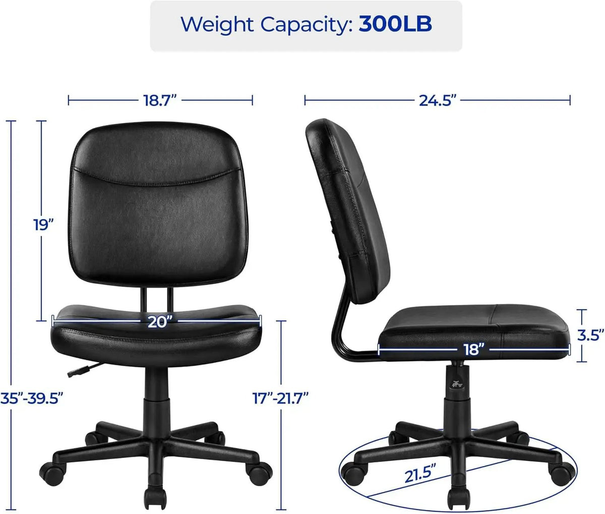 Armless Ergonomic Office Chair Black PU Leather Swivel from PriceLows™