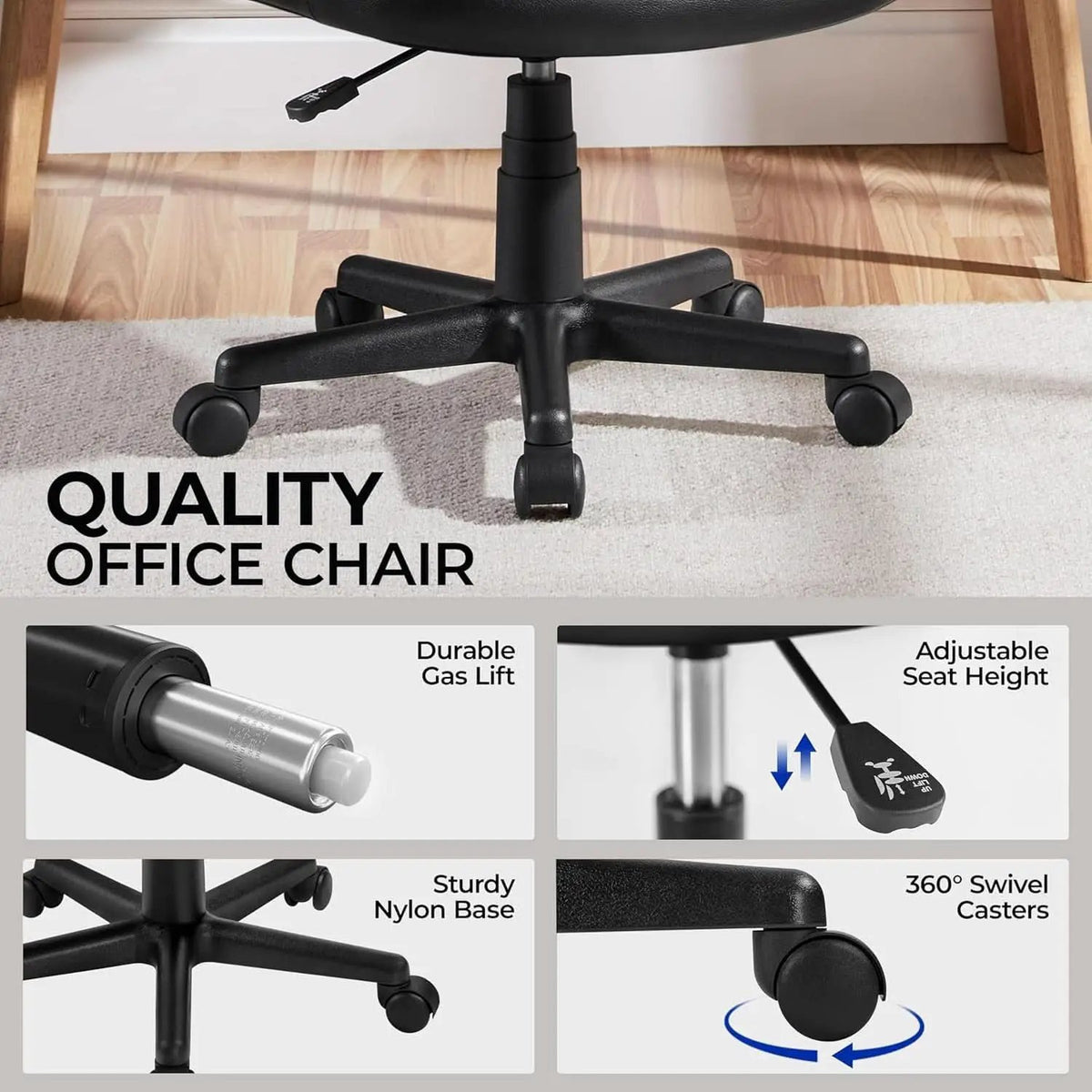Armless Ergonomic Office Chair Black PU Leather Swivel from PriceLows™