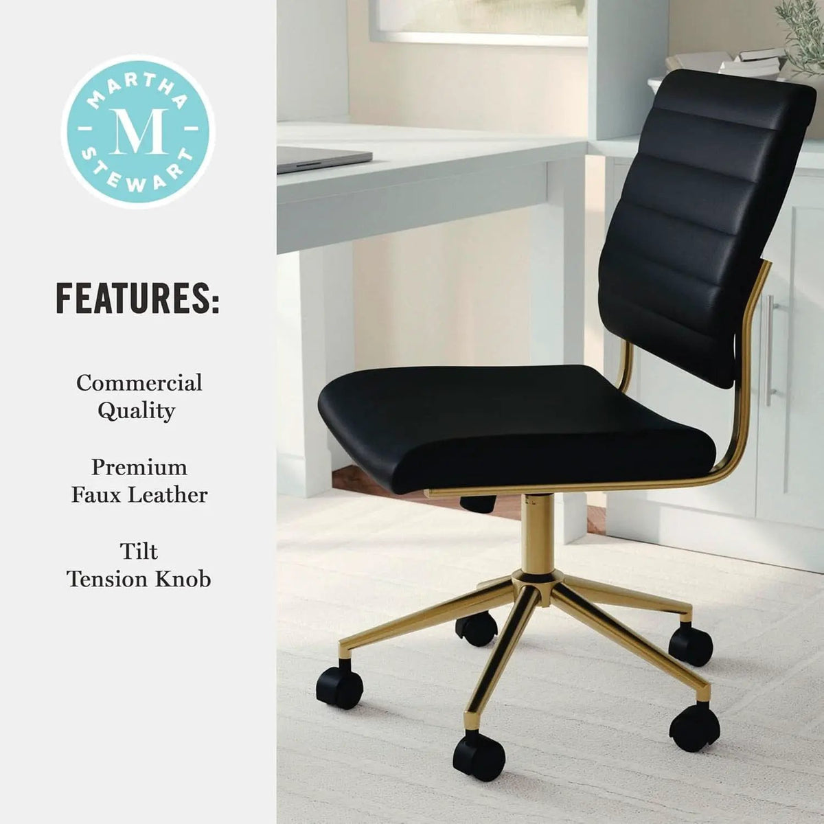 Armless Swivel Task Chair Black Faux Leather Brass Frame from PriceLows™