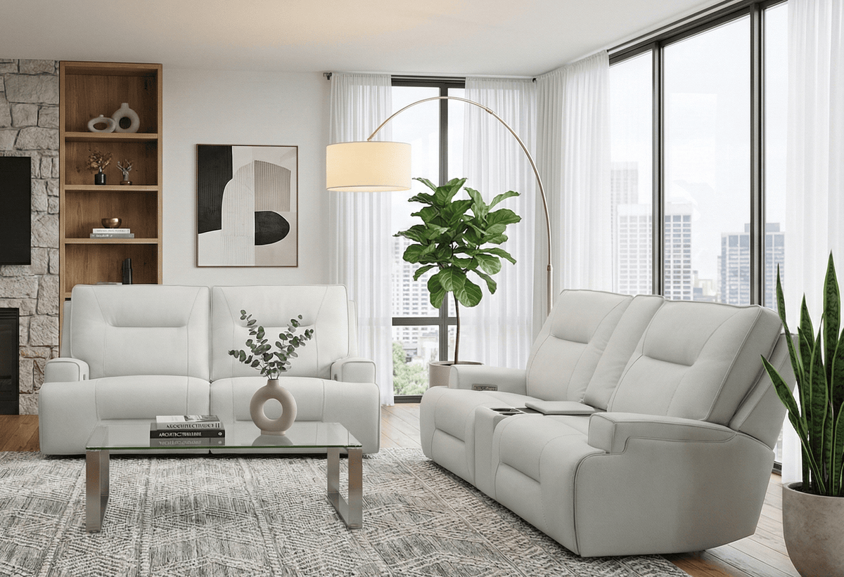 Power Reclining Sofa Set | Fog Leather | 2 Piece Model | Features Fridge