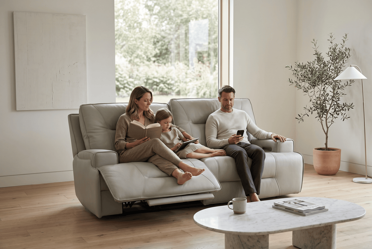 Power Reclining Sofa Set | Fog Leather | 2 Piece Model | Features Fridge