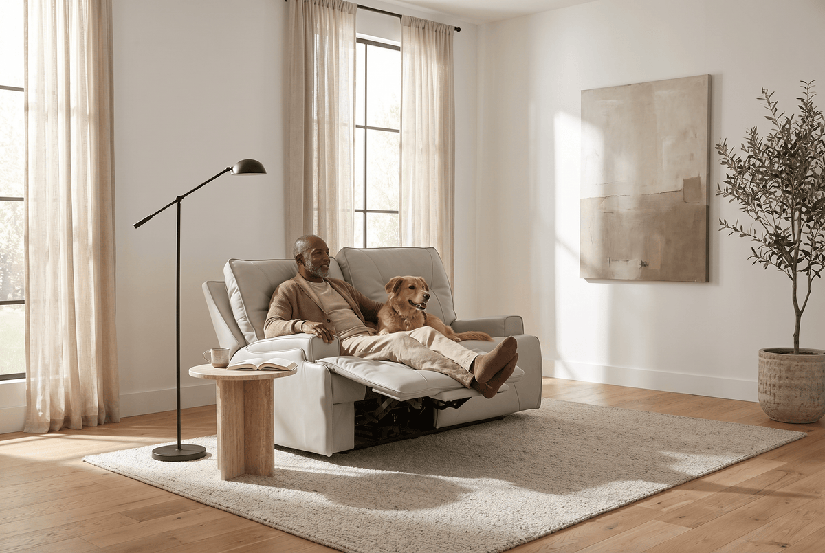 Power Reclining Sofa Set | Fog Leather | 2 Piece Model | Features Fridge